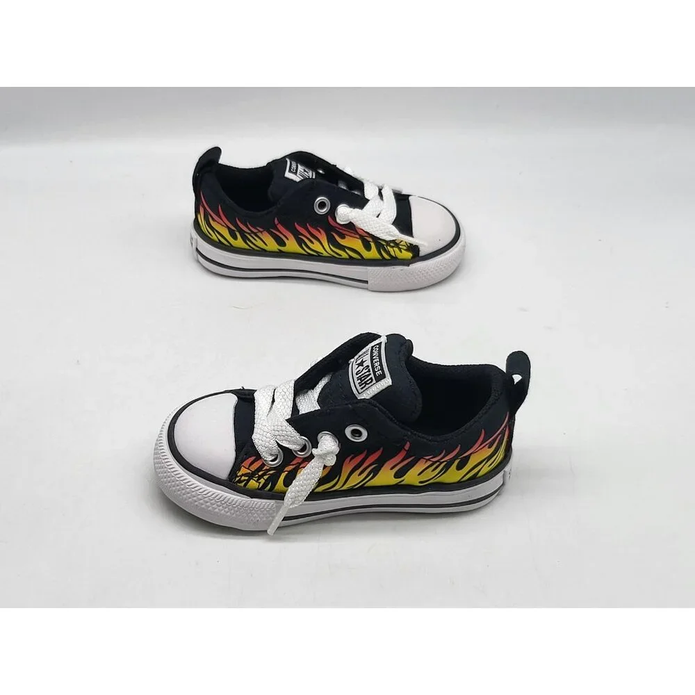 Converse All Star Shoes Infant Size 5 Black Yellow Flame Print Low Top Sneakers‎